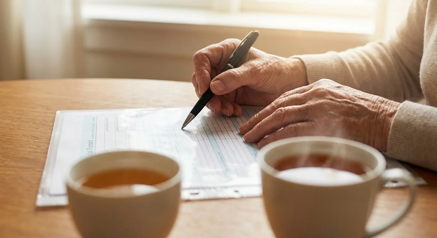 Close-up of a senior person carefully reviewing a contract or document.