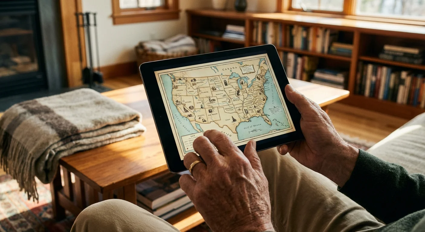 Close-up of a senior researching affordable US cities on a tablet in a cozy home.