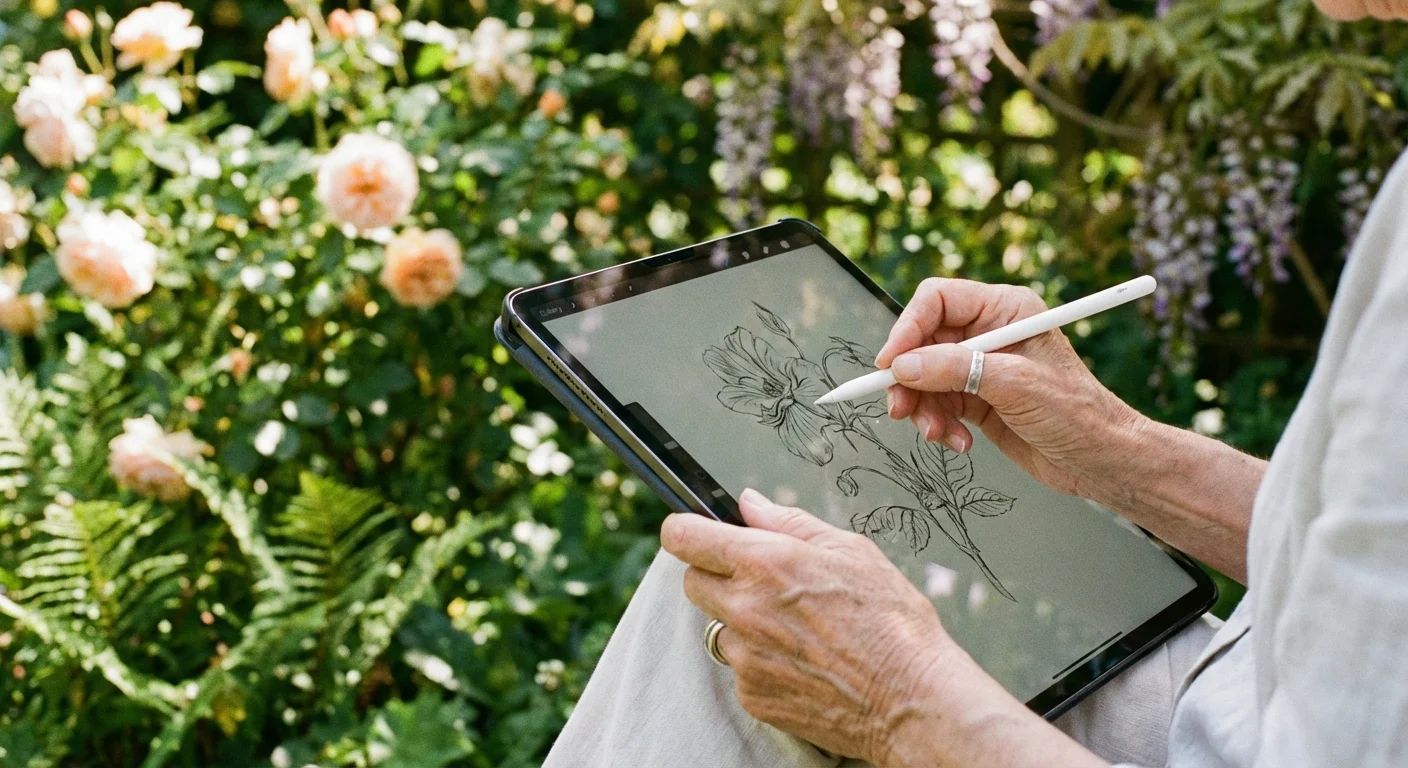 Close-up of a senior using a tablet for creative digital work outdoors.