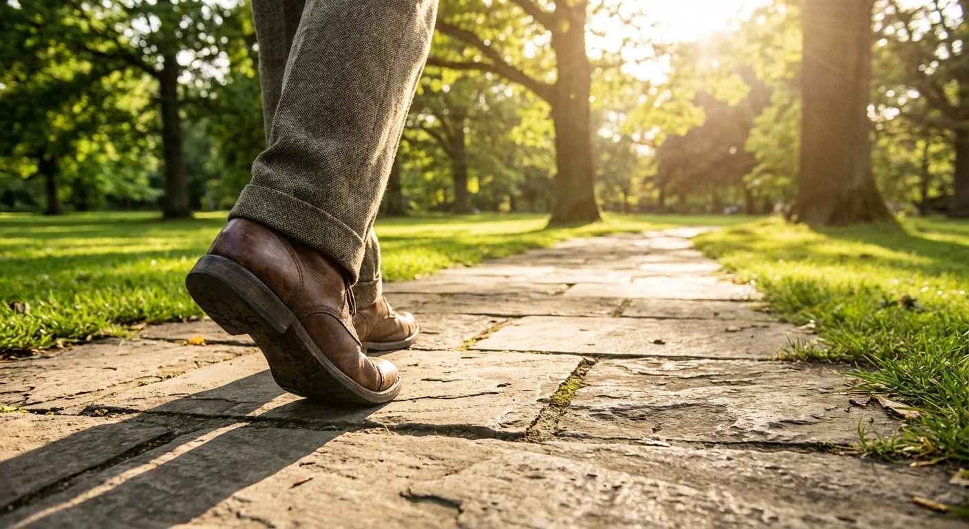 Close-up of a senior walking on a sturdy stone path in a park.