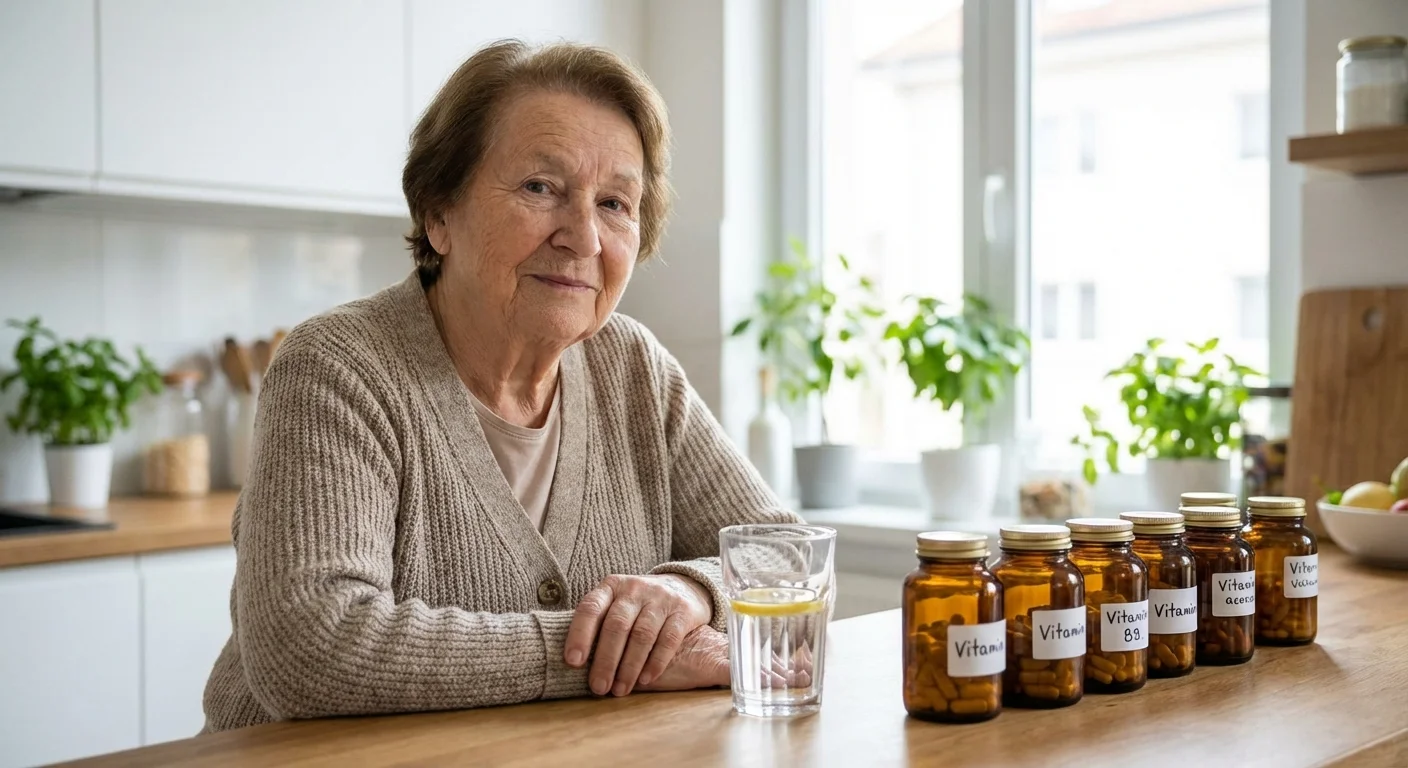 Close-up of a senior woman in a bright kitchen focusing on health and wellness.