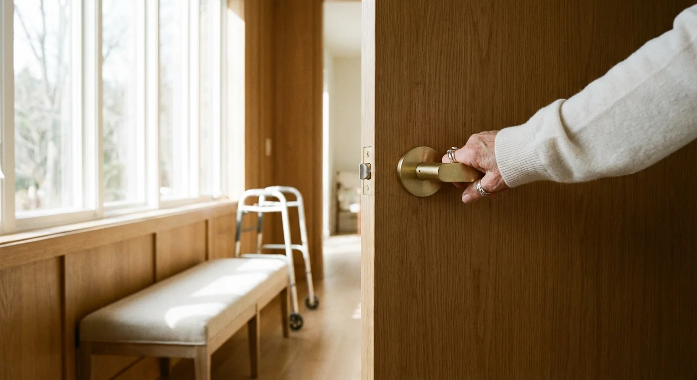 Close-up of a senior woman's hand using a modern lever door handle in a bright home.