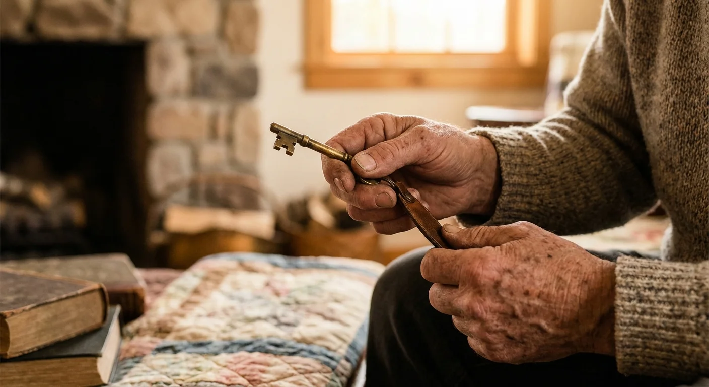 Close-up of a senior's hands holding a brass key.