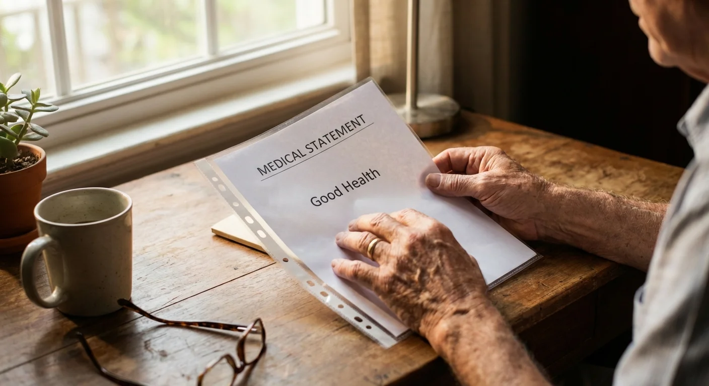 Close-up of a senior's hands holding a clear financial statement at a desk.