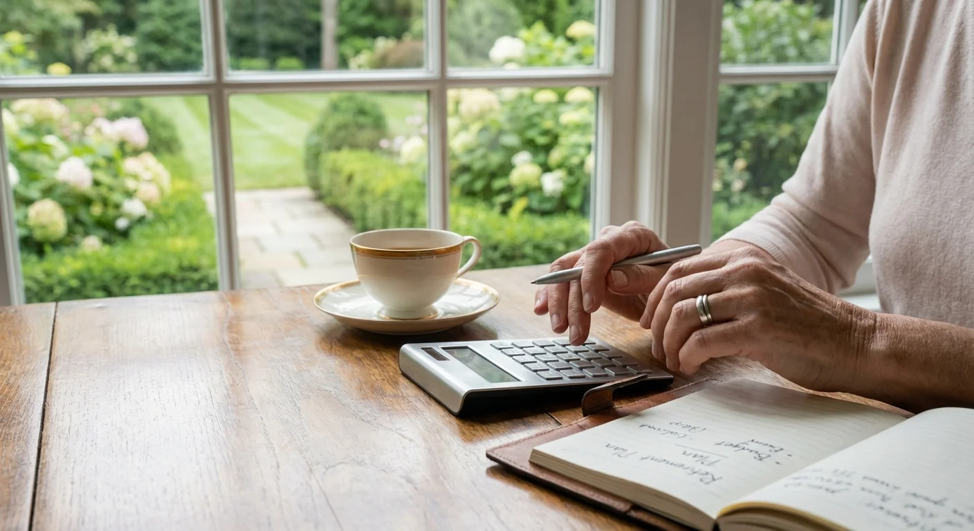 Close-up of hands and a calculator on a table with a garden view.