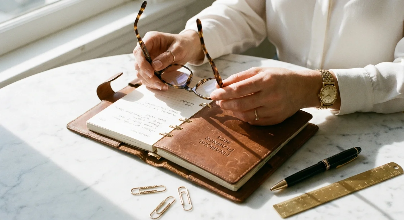 Close up of hands and a financial planner on a sunlit table.