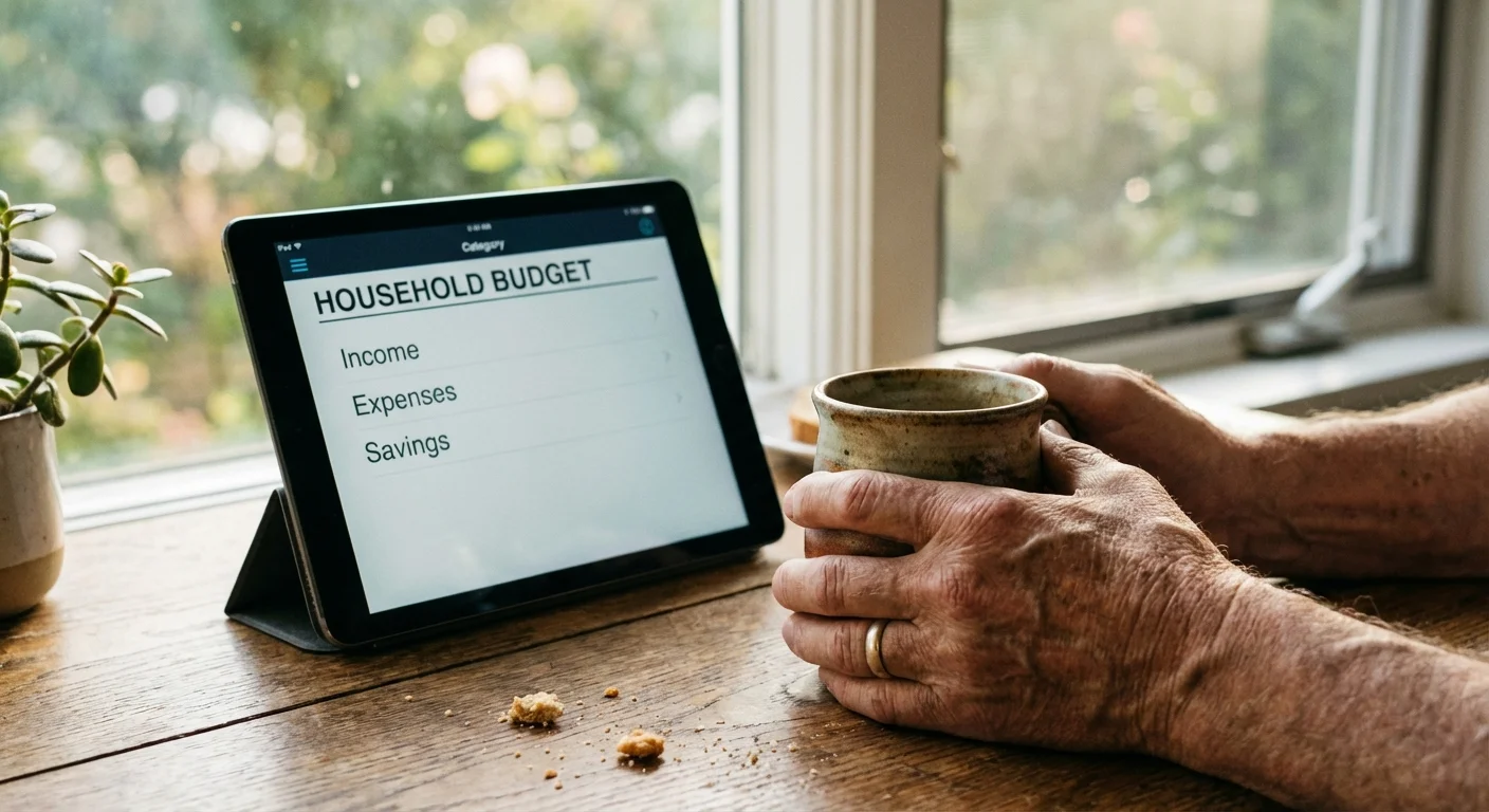 Close-up of hands and a tablet showing a retirement budget.