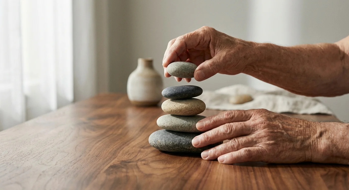 Close-up of hands balancing stones, symbolizing financial stability and risk management.