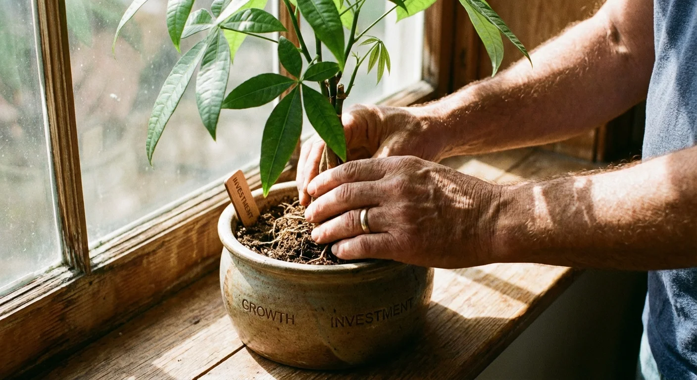 Close-up of hands caring for a small green plant on a sunny windowsill.