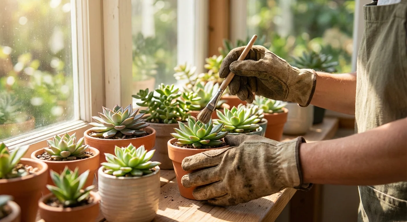 Close-up of hands caring for a variety of small green plants in a sunlit window.