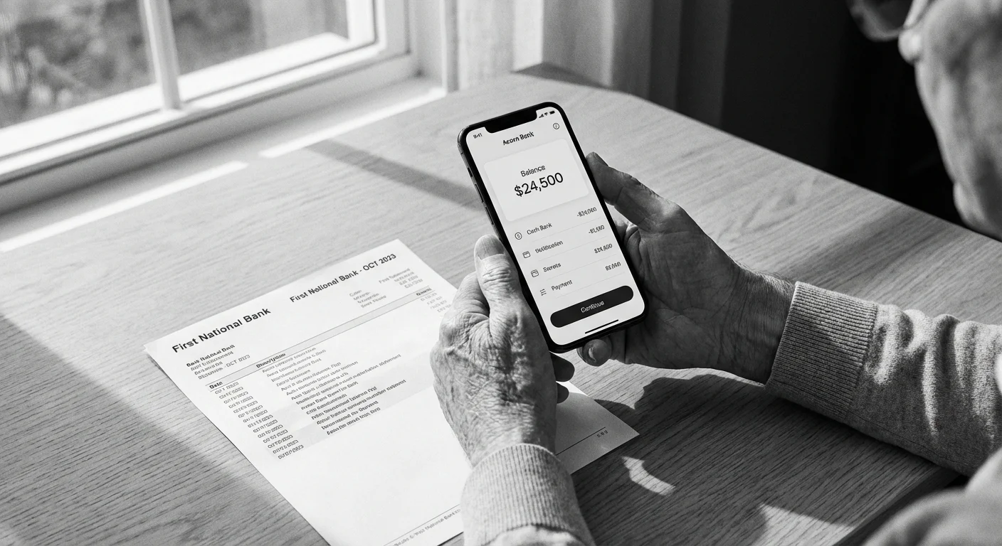Close-up of hands comparing a mobile banking app to a paper bank statement.