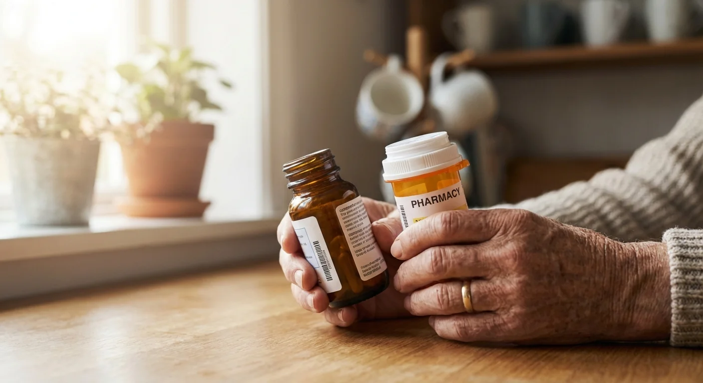 Close-up of hands comparing two different medicine bottles in a store.