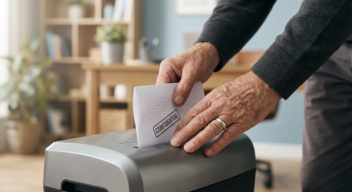 Close-up of hands feeding a document into a paper shredder.