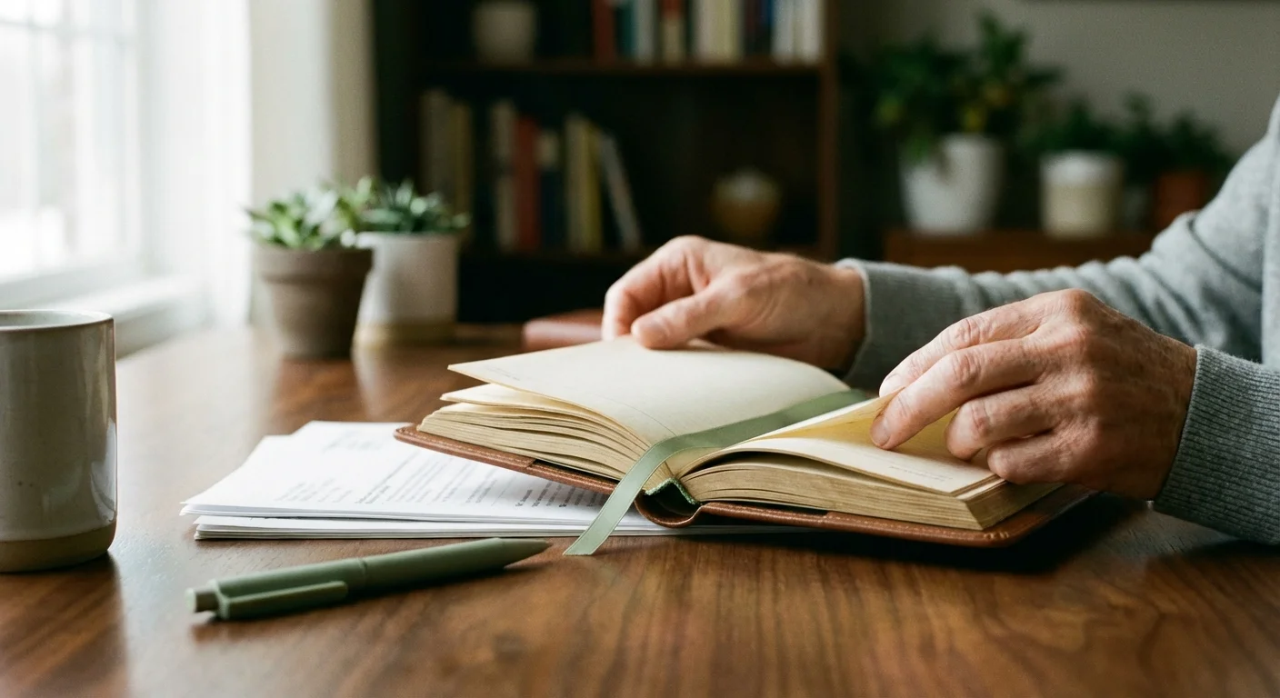 Close-up of hands organizing a leather planner and documents on a desk.