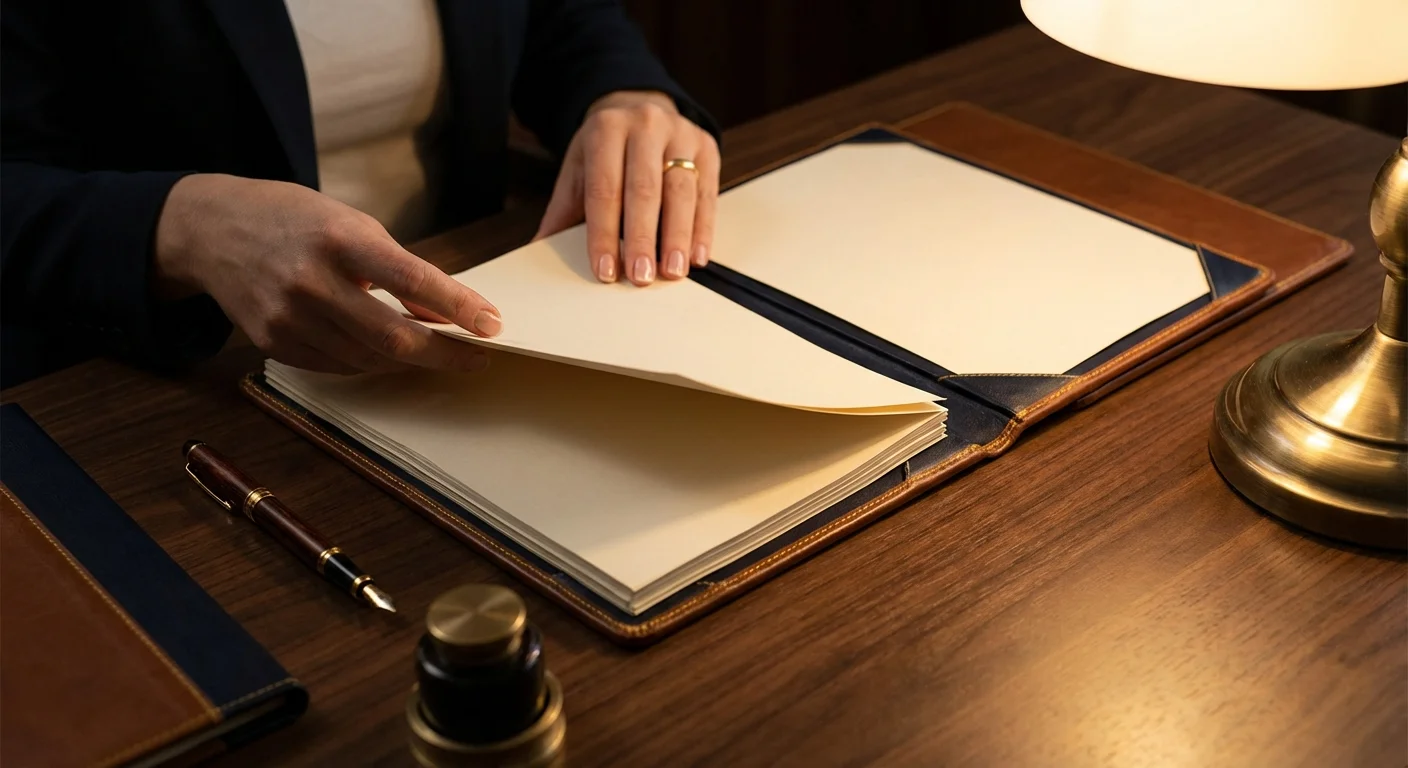 Close-up of hands organizing financial papers on a dark wooden desk.