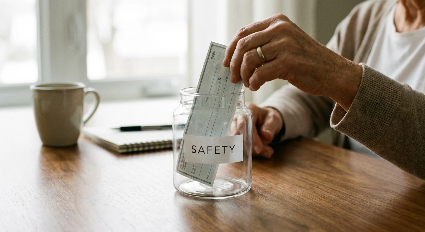 Close-up of hands placing money into a glass savings jar on a desk.