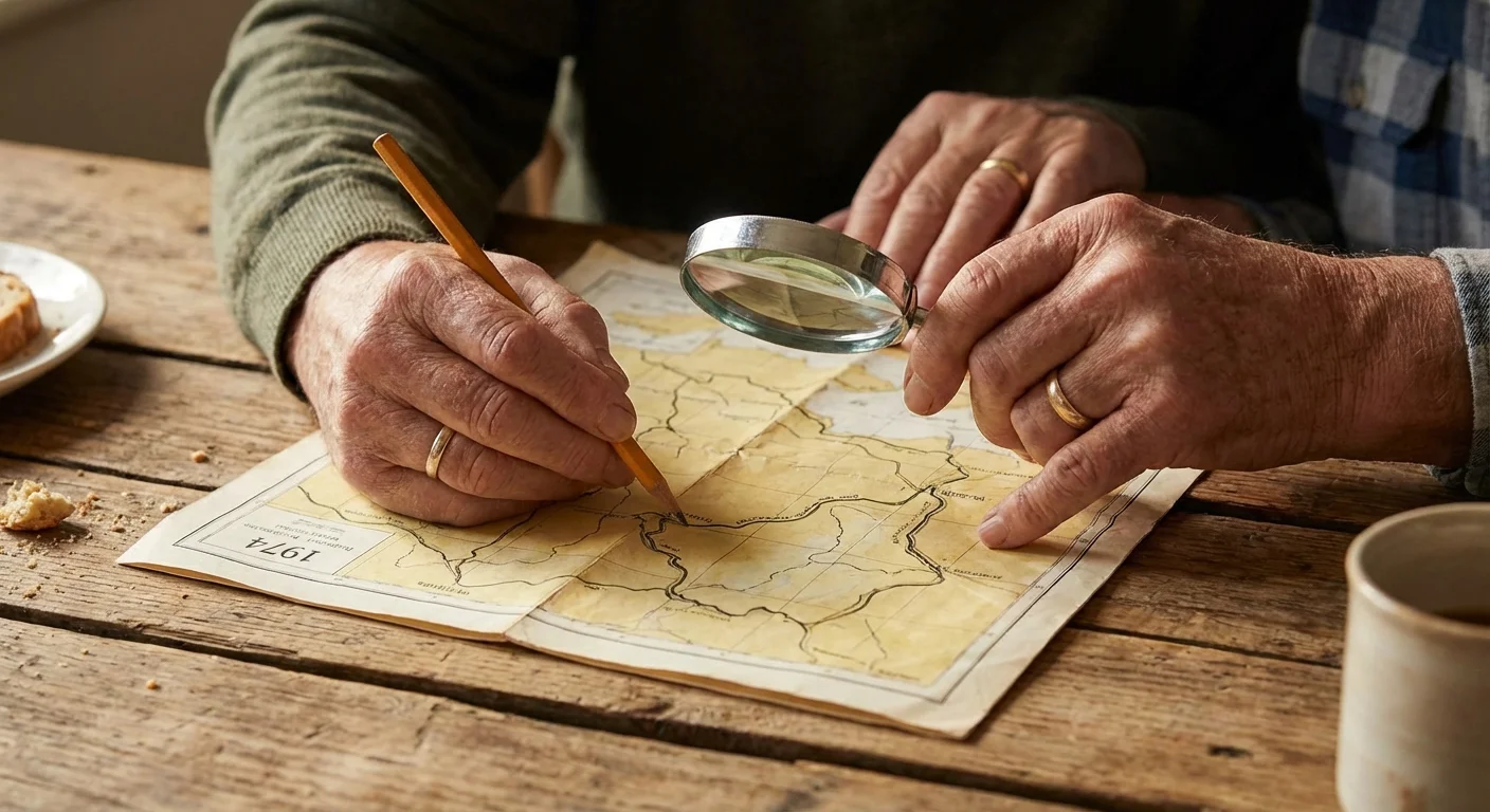 Close-up of hands planning a route on a map in soft sunlight.