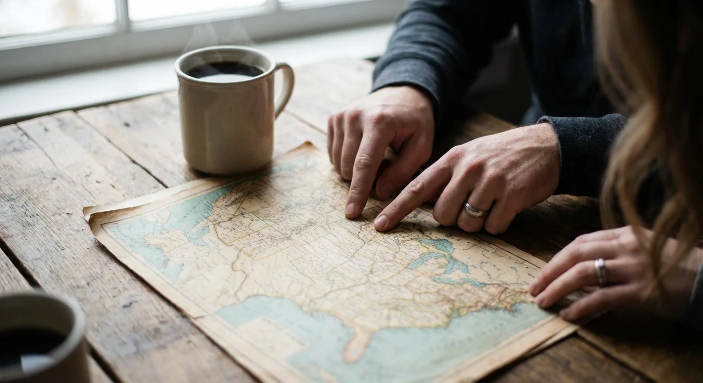 Close-up of hands pointing at a map of the US on a wooden table.