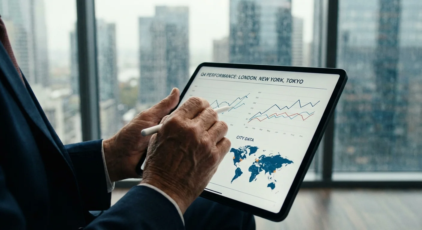 Close-up of hands reviewing financial data on a tablet with a city view in the background.
