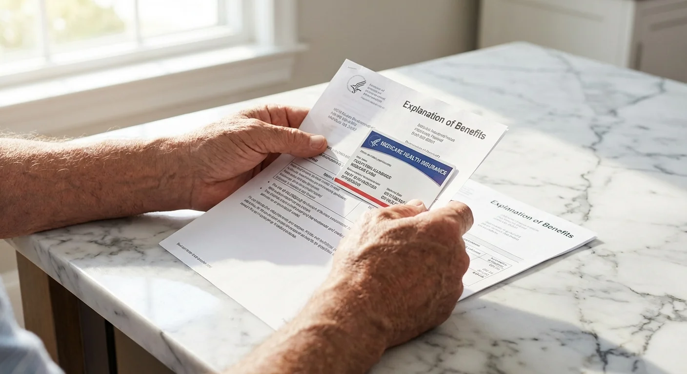 Close-up of hands reviewing healthcare documents on a marble countertop.