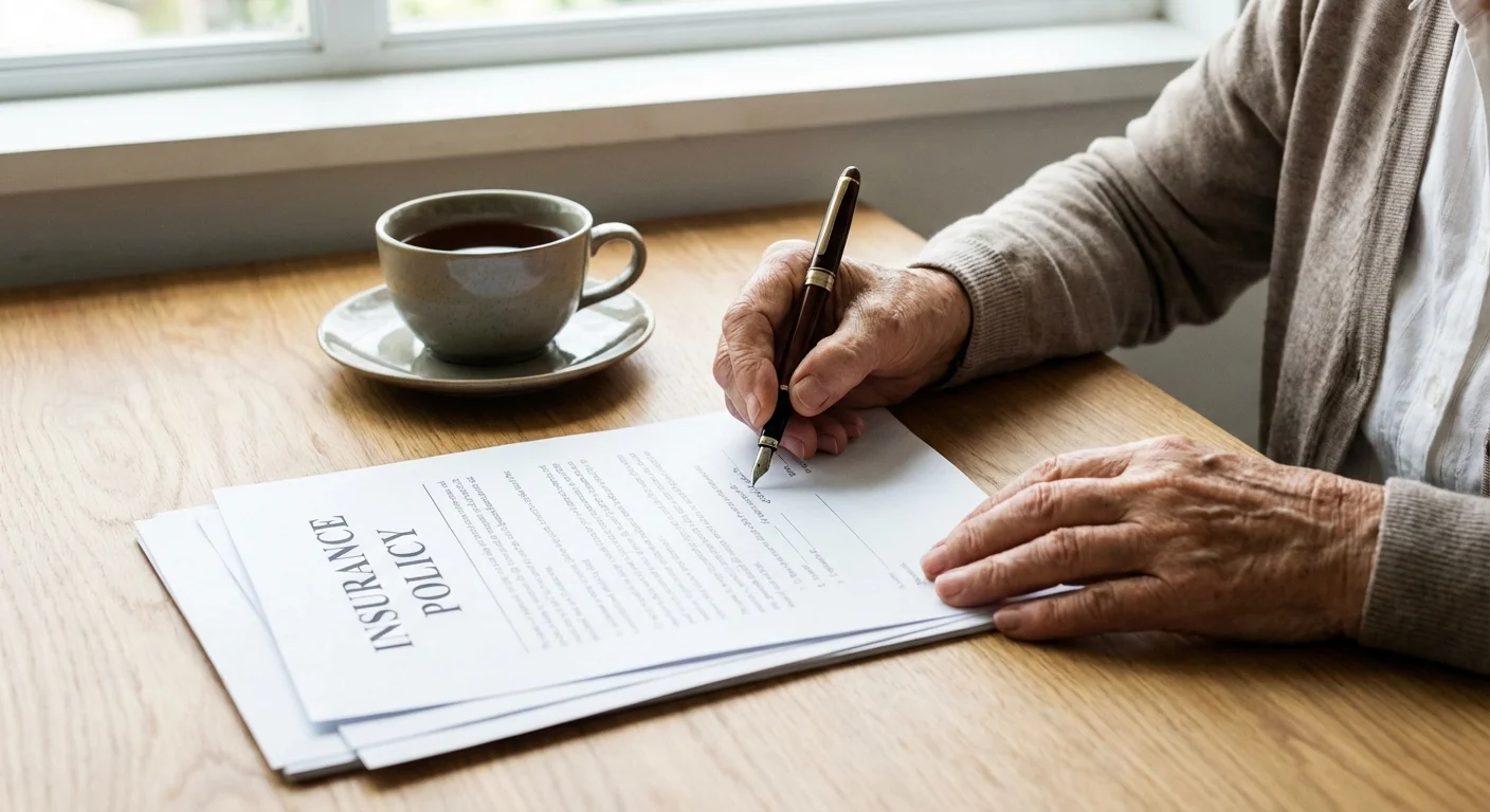 Close-up of hands reviewing insurance documents on a clean desk.
