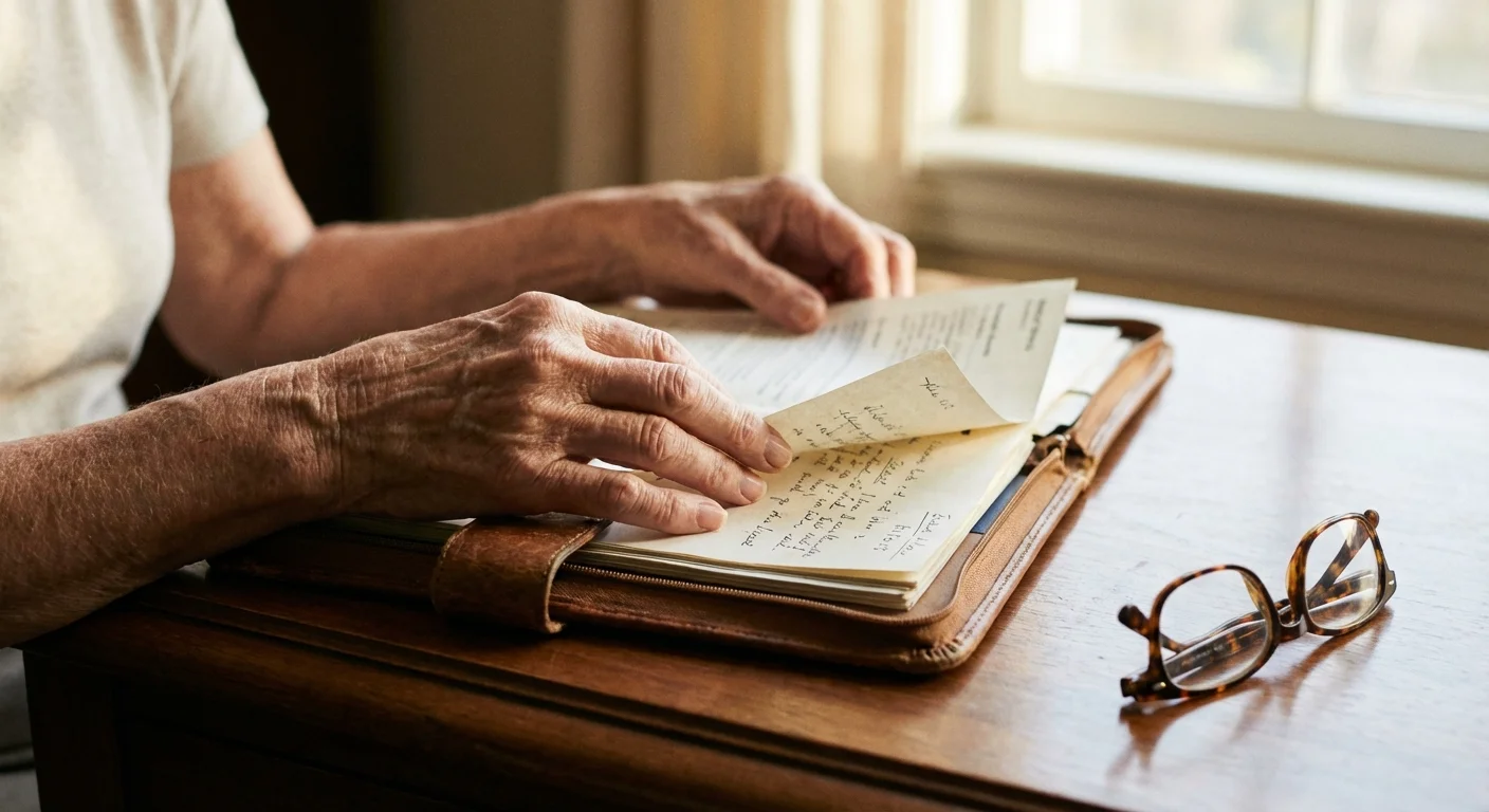 Close-up of hands reviewing insurance documents on a desk.