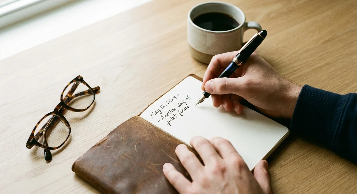 Close-up of hands taking notes in a notebook on a clean desk with coffee.