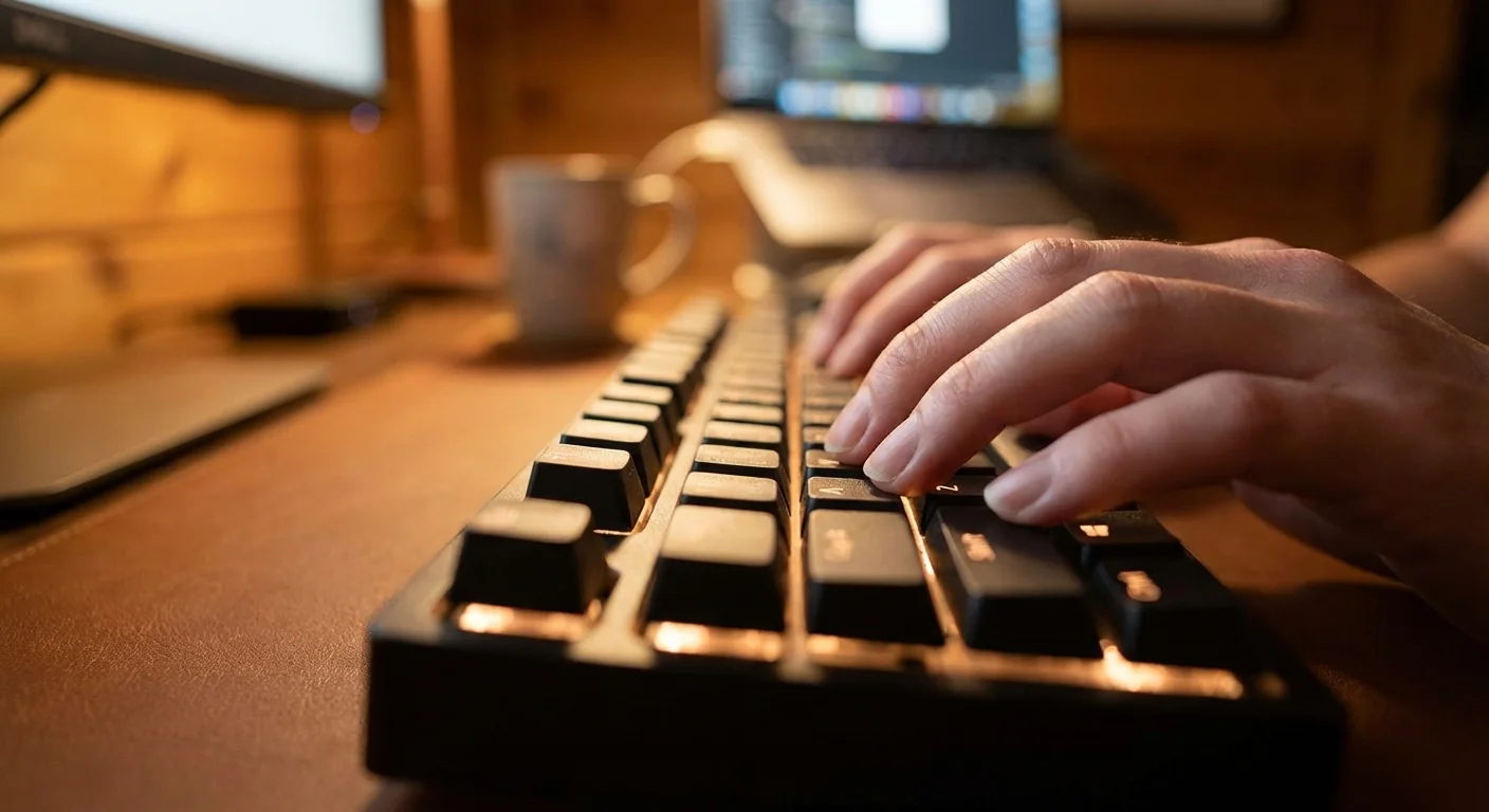 Close-up of hands typing on a modern laptop keyboard with warm lighting.