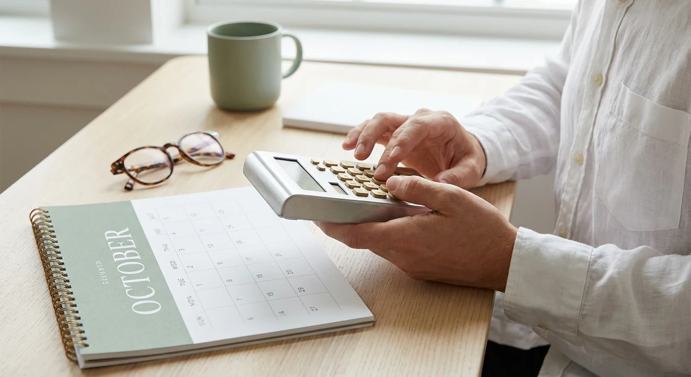 Close-up of hands using a calculator and calendar to plan for Social Security benefits.