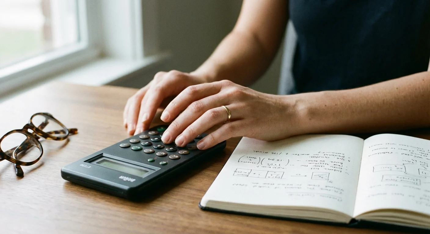 Close-up of hands using a calculator and notepad on a wooden desk, symbolizing financial calculations.