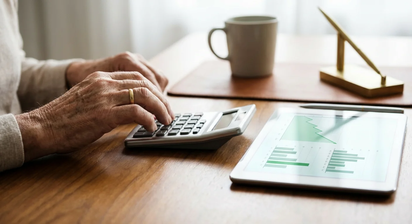 Close-up of hands using a calculator and tablet with charts on a clean desk.