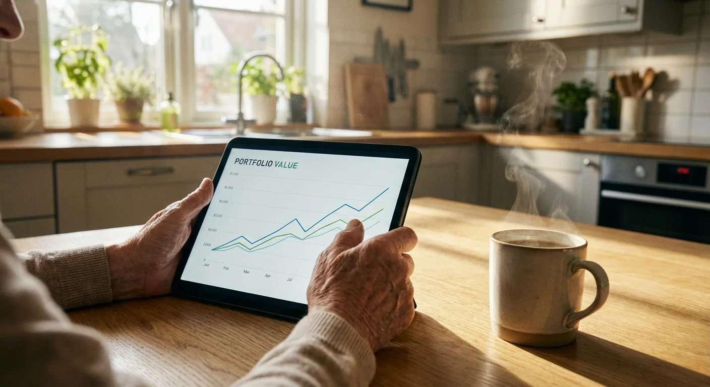 Close-up of hands using a tablet for financial planning in a bright kitchen.