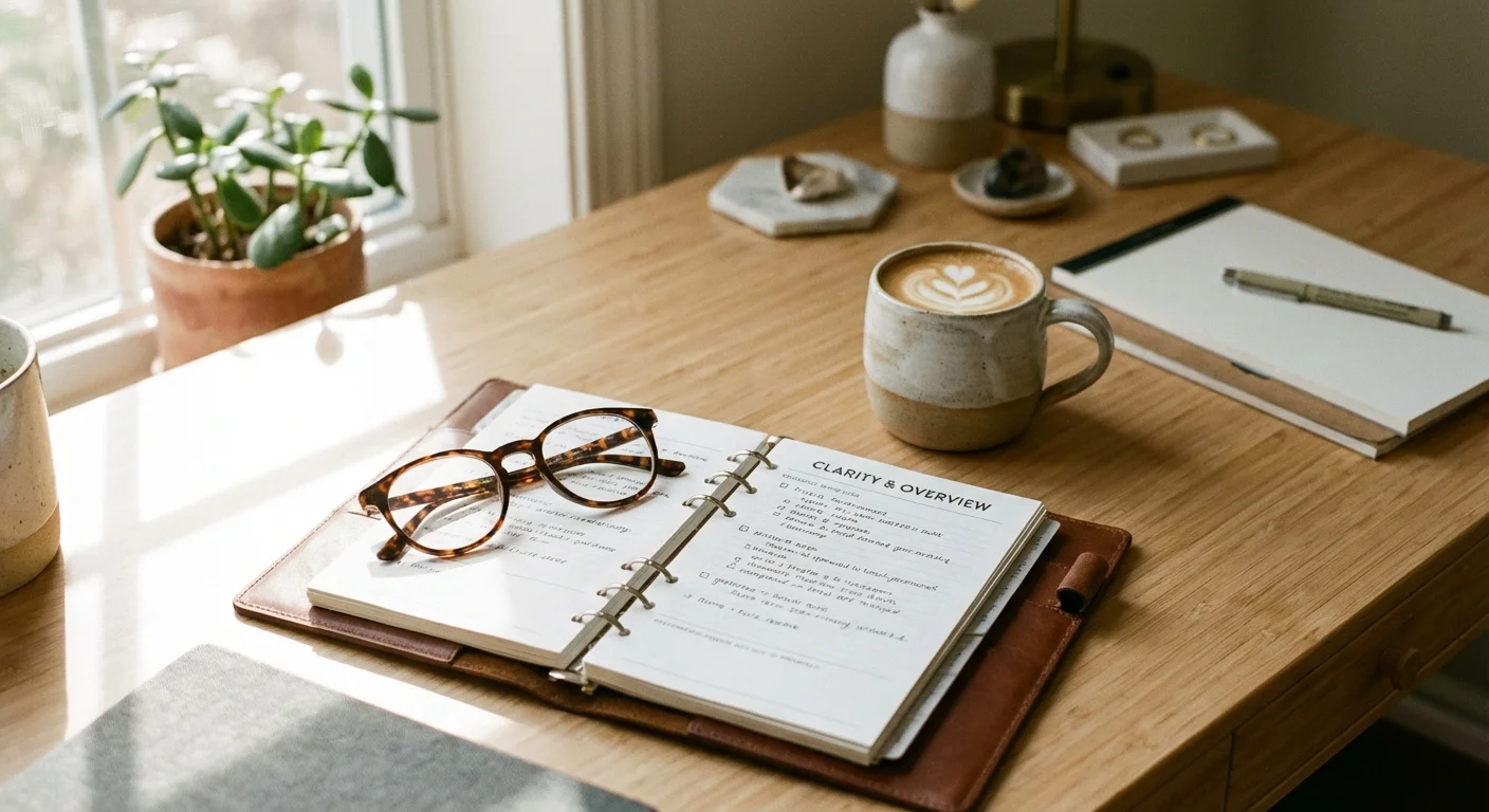 Close-up of reading glasses, a planner, and coffee on a desk in morning light.