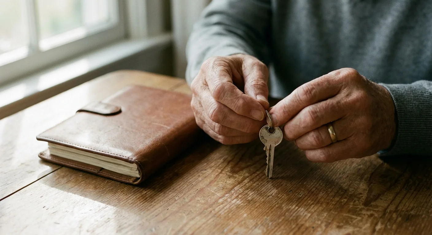 Close-up of senior hands holding a house key over a table.