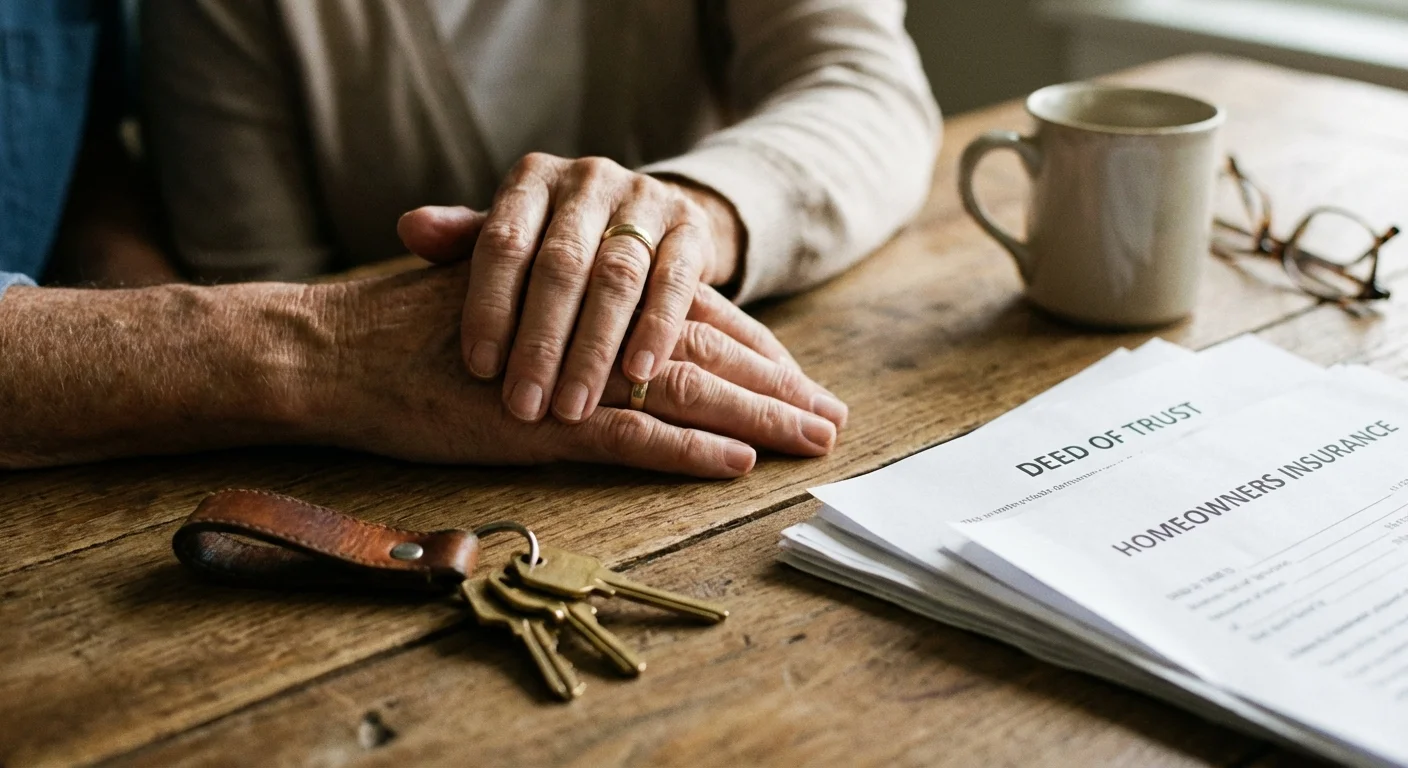 Close-up of senior hands near house keys and paperwork on a wooden table.