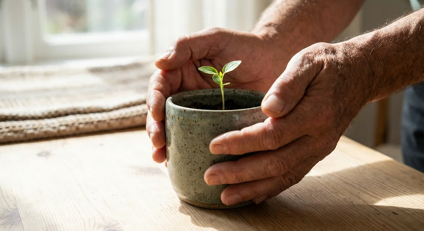 Close-up of senior hands planting a small green sprout in a pot, symbolizing financial growth.