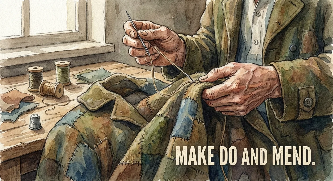 Close-up watercolor of hands mending clothes, representing resourcefulness and saving.