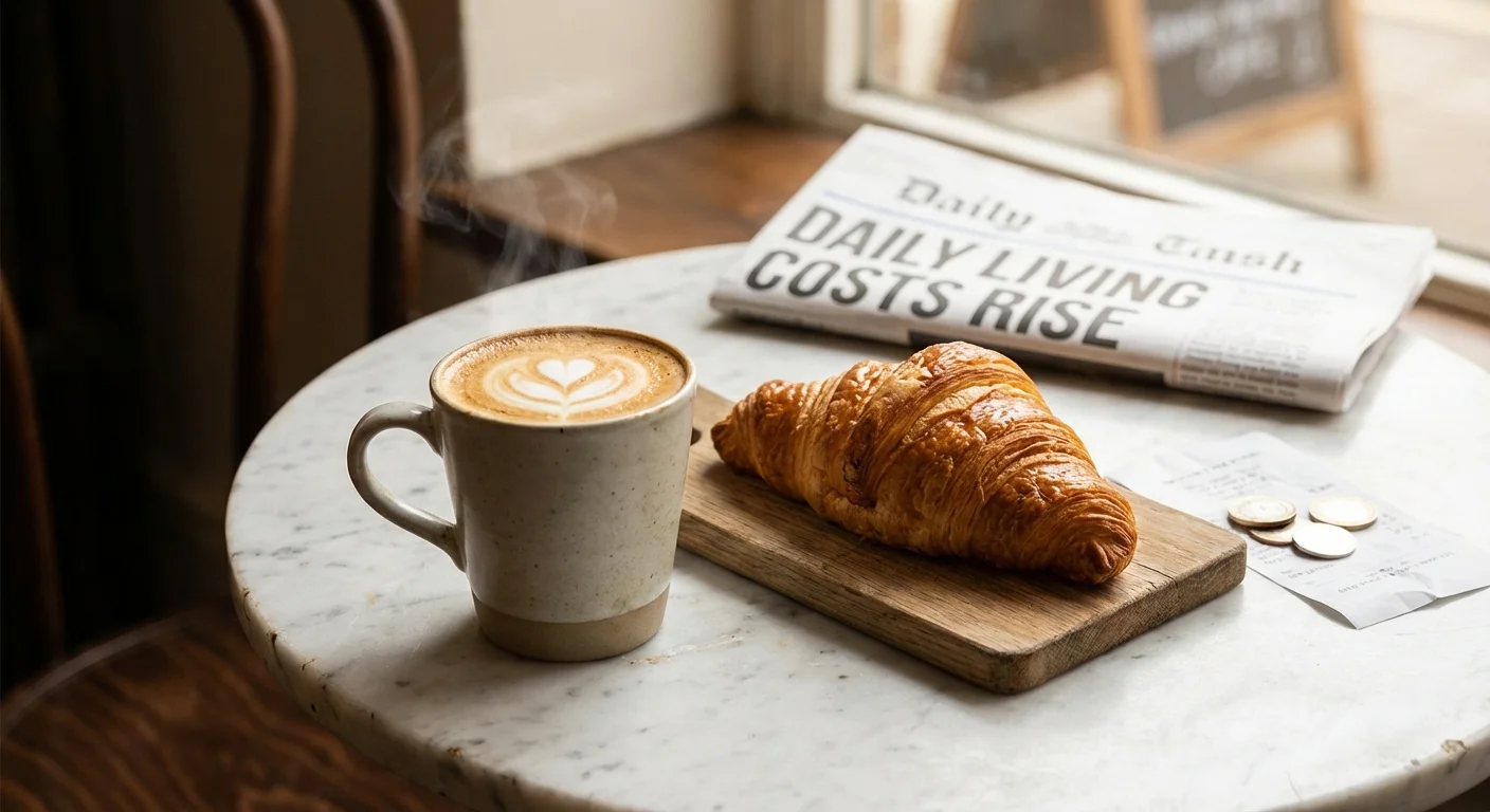 Coffee and a croissant on a bistro table.