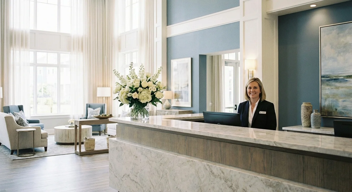 Elegant lobby with a concierge service in a premium senior living community.