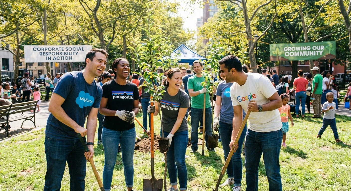 Employees volunteering together in a sunny outdoor park.