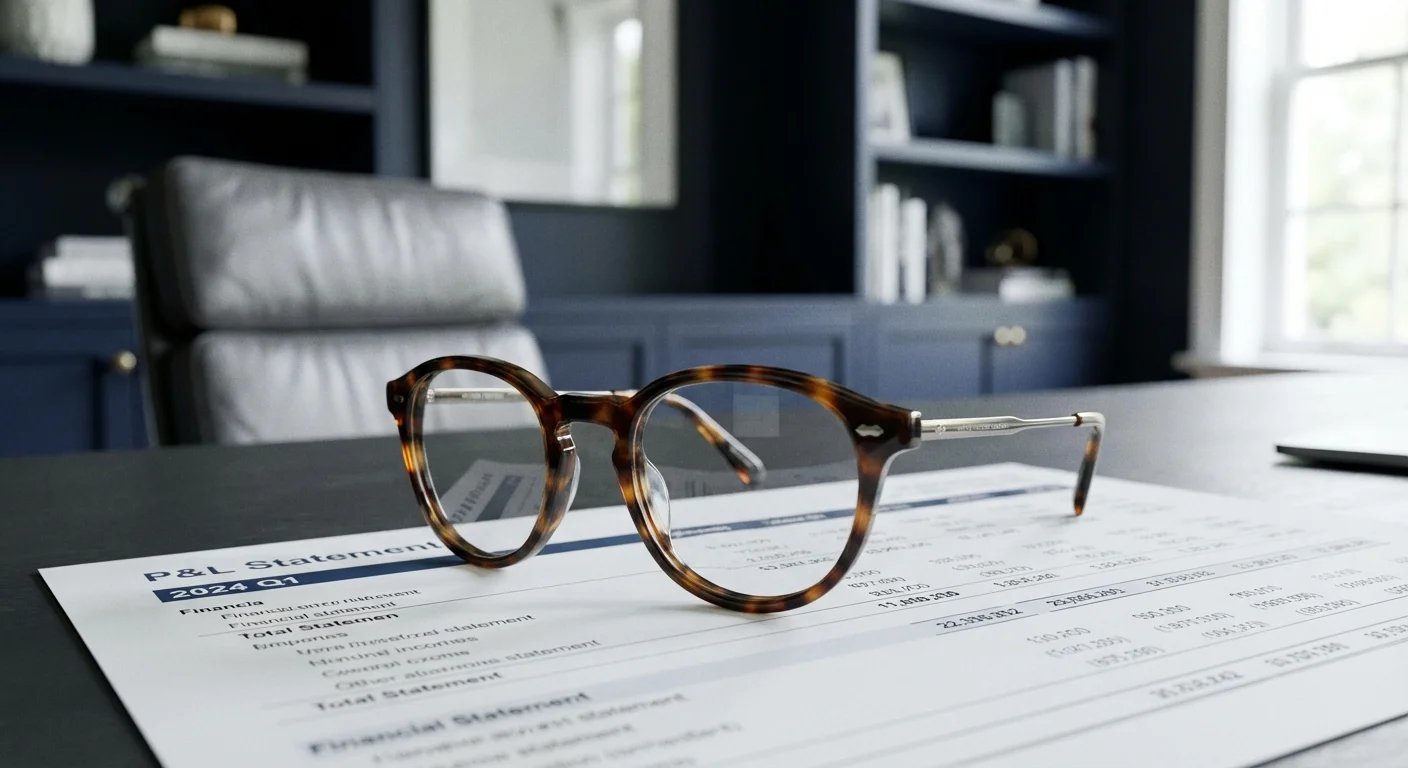 Eyeglasses resting on a financial document in a soft-lit room.