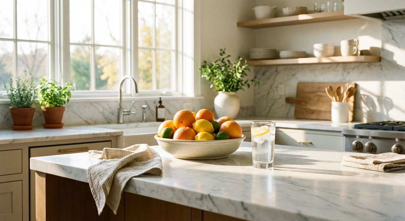 Fresh citrus fruit and a glass of water in a bright, sunlit kitchen.
