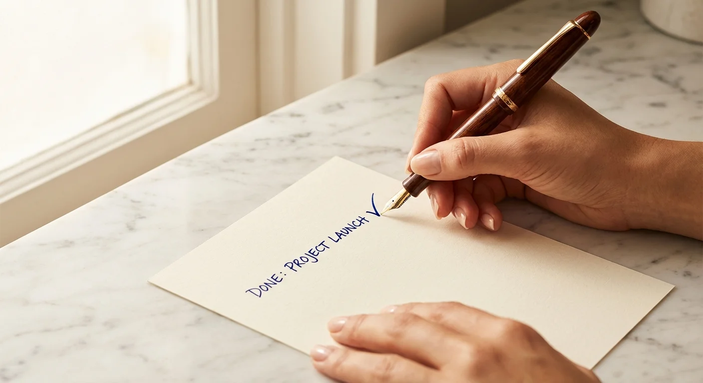 Hands checking off a task on a list, symbolizing the completion of a financial goal.