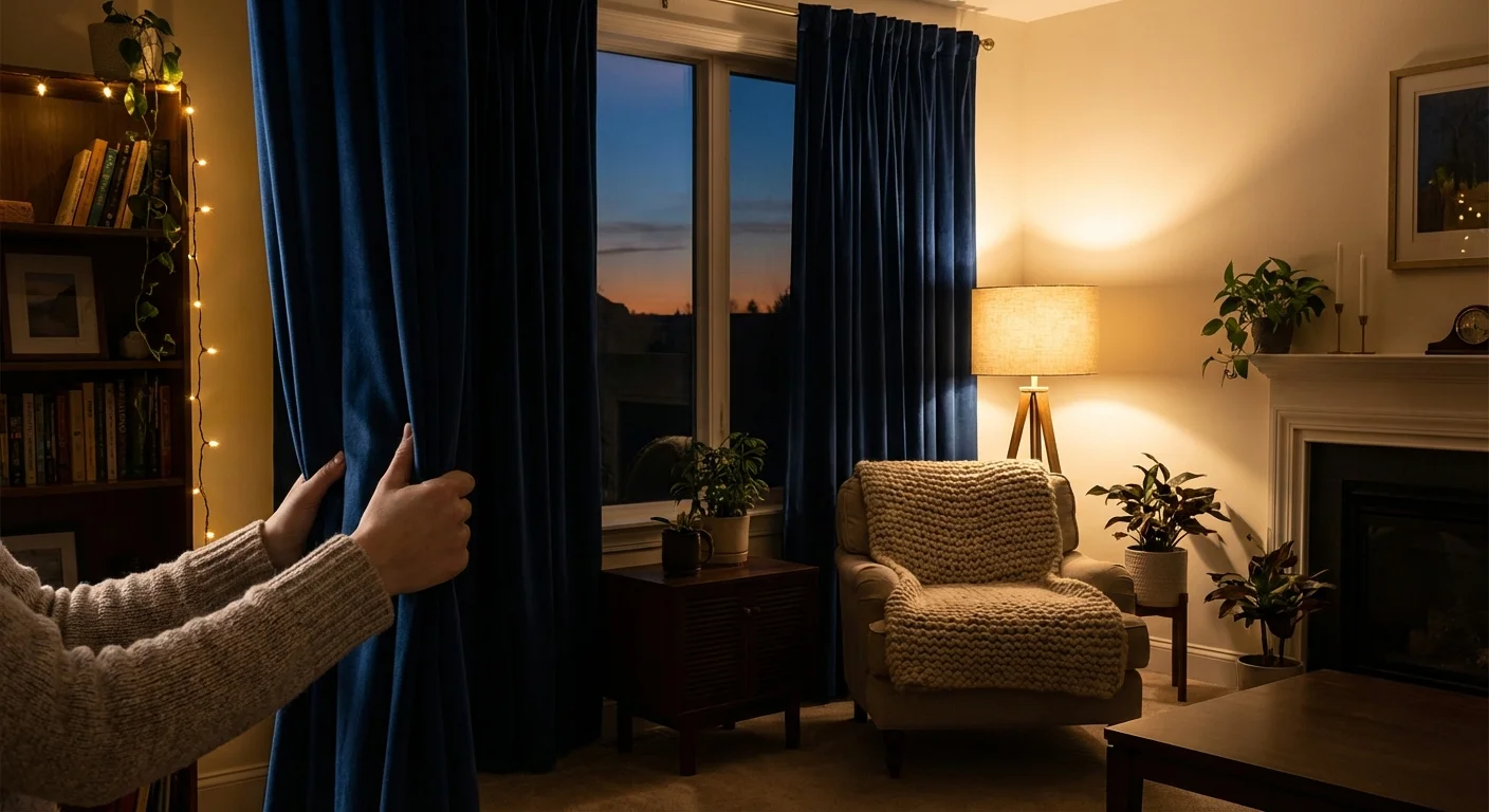 Hands closing curtains in a warm, lit living room at night.
