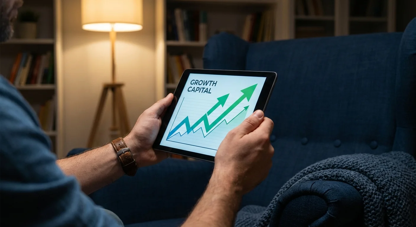 Hands holding a tablet displaying a financial chart in a comfortable home setting.