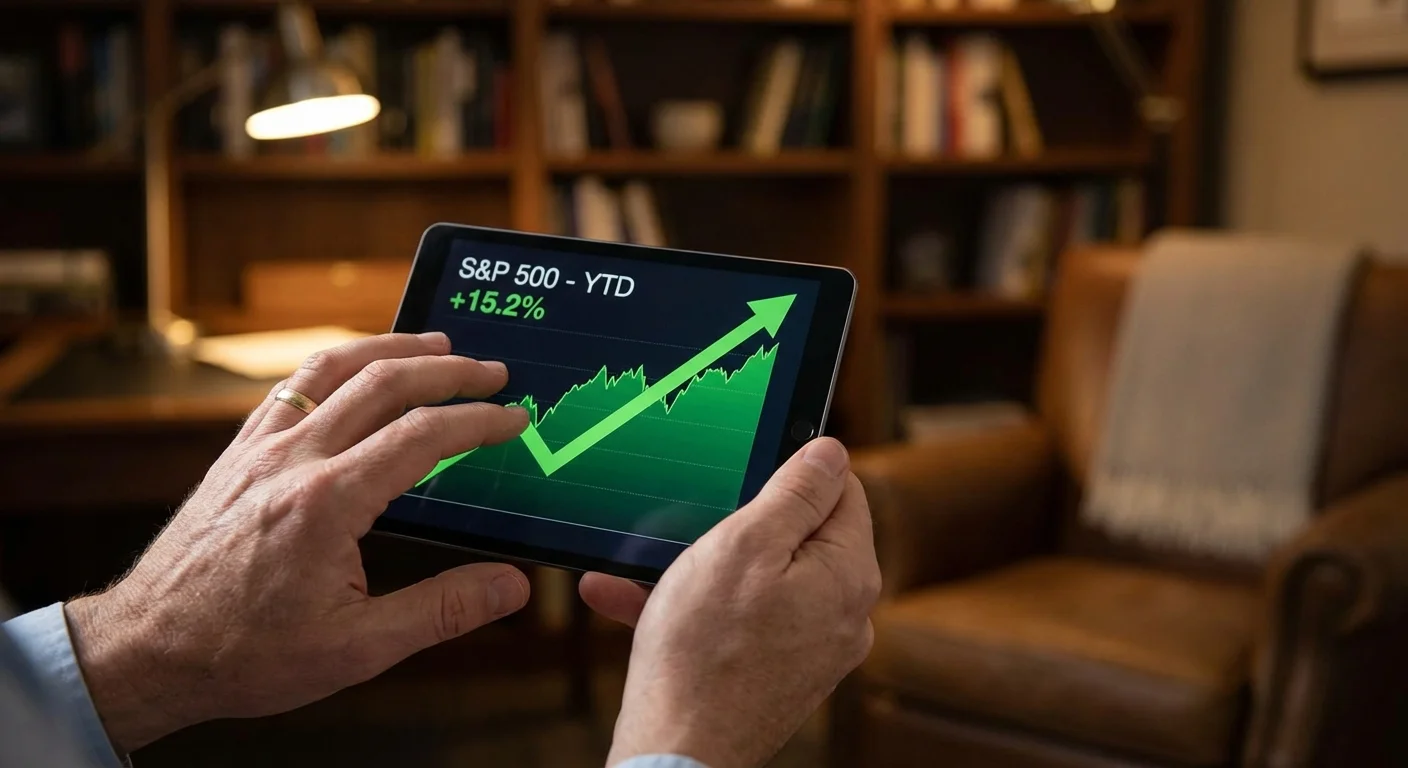 Hands holding a tablet displaying a positive financial growth chart.