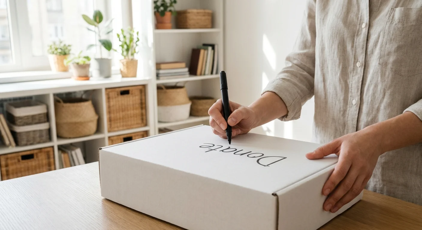 Hands labeling a donation box in a bright, organized room.
