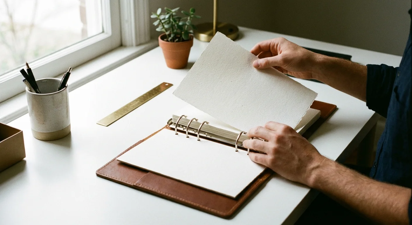 Hands organizing financial documents into a professional leather binder on a clean desk.