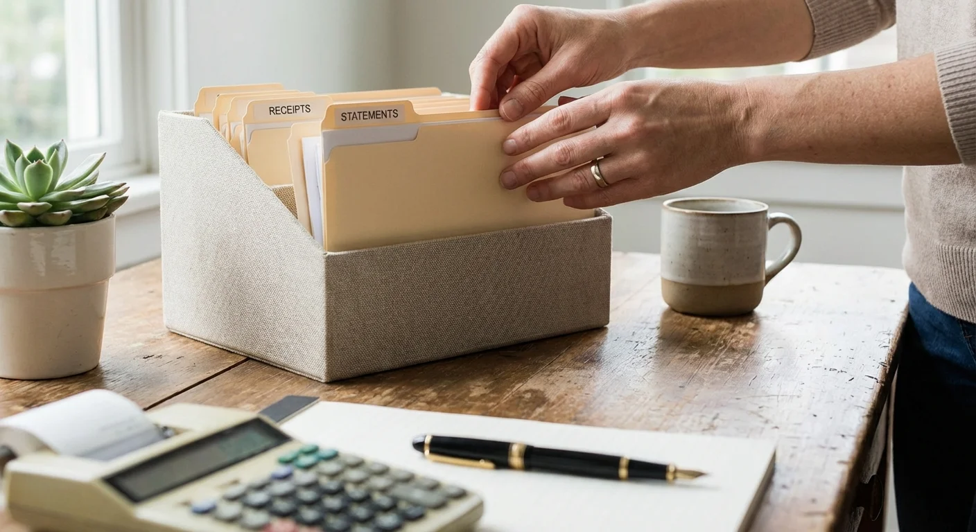 Hands organizing financial documents on a wooden desk.