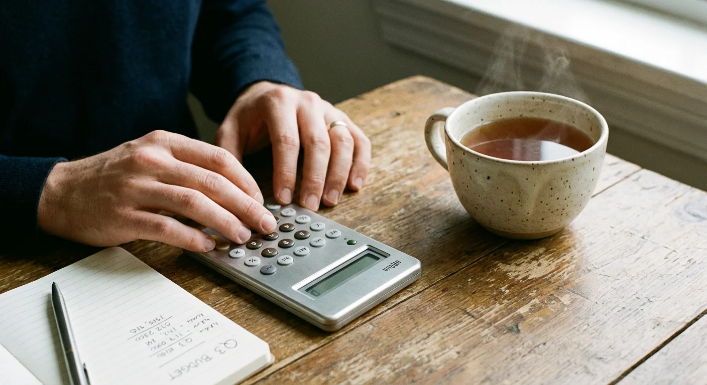 Hands using a calculator next to a cup of tea.